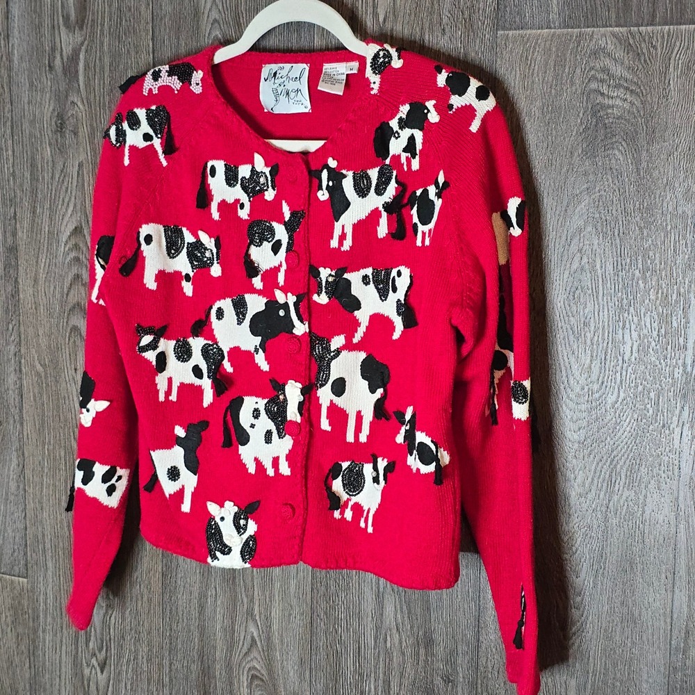 Michael Simon Cow Print Beaded Cardigan Medium Red Womens Vintage 1998 Sweater - Picture 5 of 11